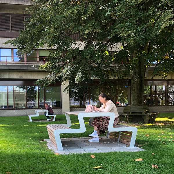 112997 inrichting buitenruimte ziekenhuis zorginstelling straatmeubilair buitenbank zitbank afvalbak picknickset