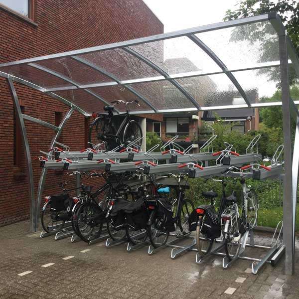 Overkappingen | Overkappingen compact fietsparkeren | FalcoRail enkelzijdige fietsoverkapping voor etagerekken | image #5 |  Fietsparkeren fietsoverkapping transparant FalcoRail compact fietsparkeren voor etagerekken