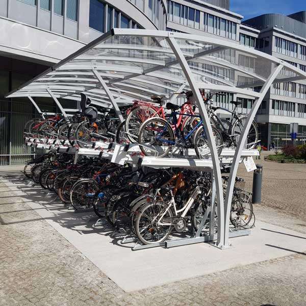 Overkappingen | Overkappingen compact fietsparkeren | FalcoRail dubbelzijdige fietsoverkapping voor etagerekken | image #4 |  Fietsparkeren fietsoverkapping rokersoverkapping transparant FalcoRail