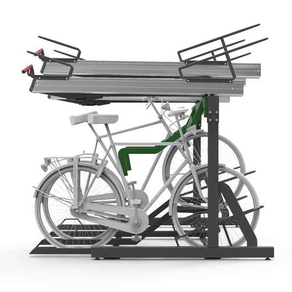 Fietsparkeren | Fietsparkeren met oplaadpunt voor e-bike | FalcoLevel Premium+ etagerek met oplaadpunt voor e-bike | image #3 |  fietsparkeren opladen ebike etagerek dubbellaags fietsparkeren