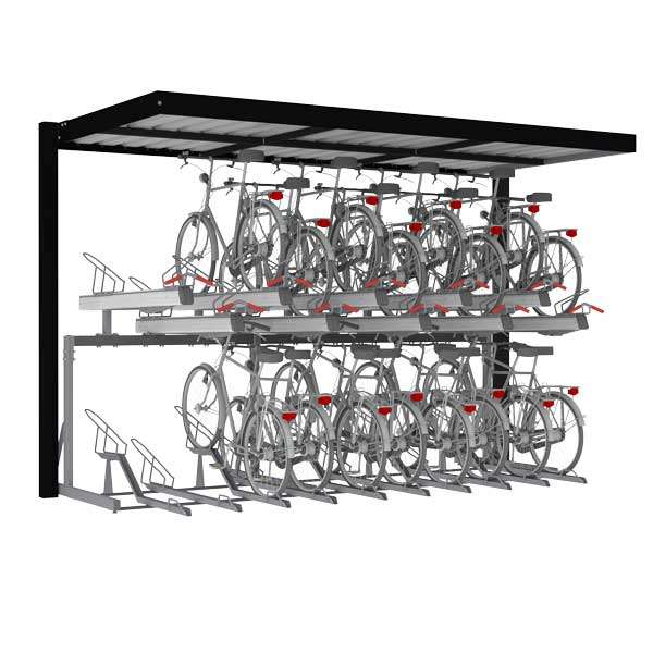 Overkappingen | Overkappingen compact fietsparkeren | FalcoSpan fietsoverkapping voor etagerekken | image #1 |  falco fietsparkeren etagerekken dubbellaags