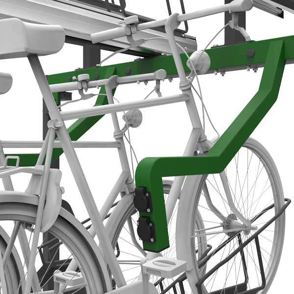 Fietsparkeren | Fietsparkeren met oplaadpunt voor e-bike | FalcoLevel Premium+ etagerek met oplaadpunt voor e-bike | image #4 |  fietsparkeren opladen ebike etagerek dubbellaags fietsparkeren