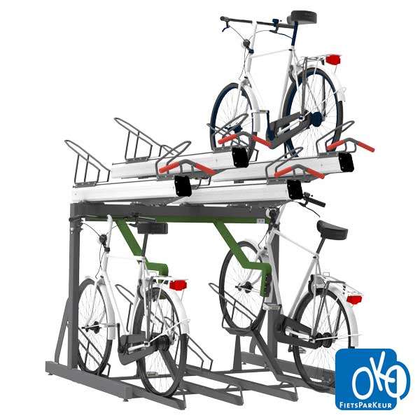 Fietsparkeren | Fietsparkeren met oplaadpunt voor e-bike | FalcoLevel Premium+ etagerek met oplaadpunt voor e-bike | image #1 |  fietsparkeren opladen ebike etagerek dubbellaags fietsparkeren