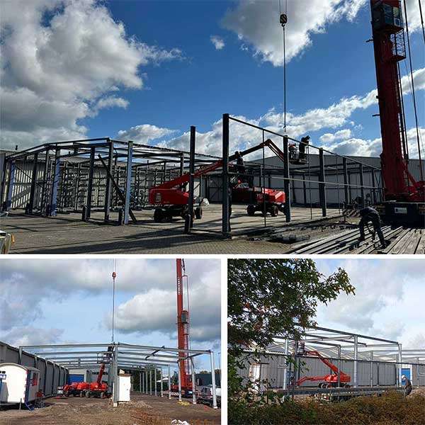 Constructiewerkzaamheden bij Falco: Sloop van het oude verkoopkantoor en opbouw van een nieuwe houtopslag met duurzame materialen. Constructiewerkzaamheden bij Falco: Sloop van het oude verkoopkantoor en opbouw van een nieuwe houtopslag met duurzame materialen.