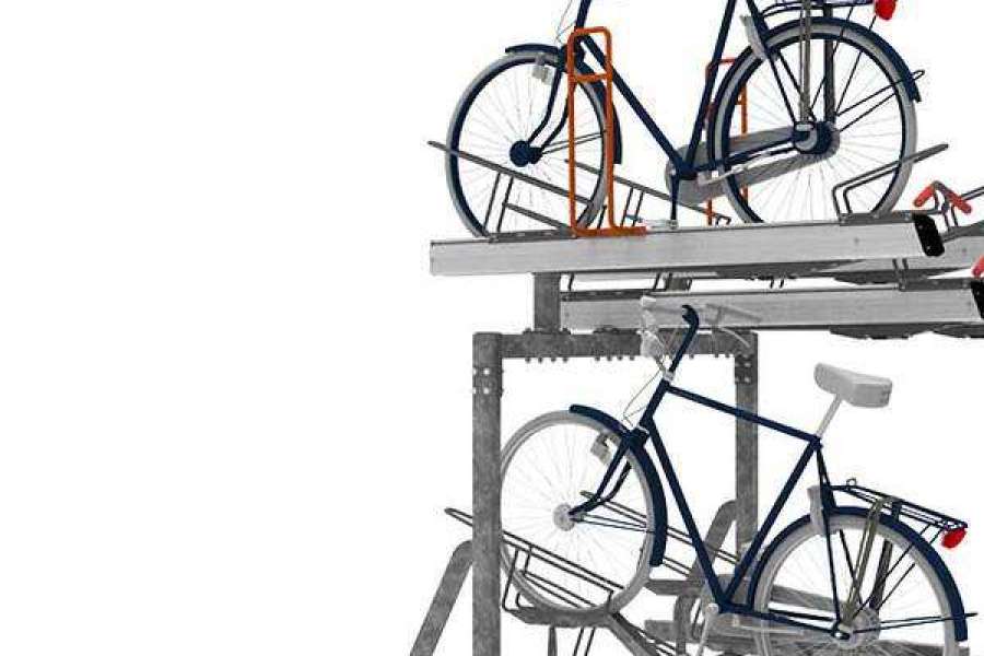 Afbeelding van het FalcoLevel Premium+ etagerek met aanbindvoorziening voor extra beveiliging en duurzaamheid in fietsenstallingen.