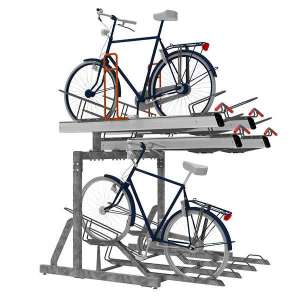 Afbeelding van het FalcoLevel Premium+ etagerek met aanbindvoorziening voor extra beveiliging en duurzaamheid in fietsenstallingen.