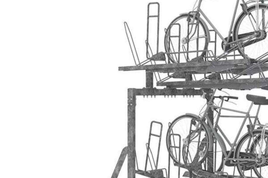 Etage-fietsenrek FalcoLevel Eco met aanbindvoorziening voor extra beveiliging, geschikt voor dubbele parkeercapaciteit op dezelfde oppervlakte.