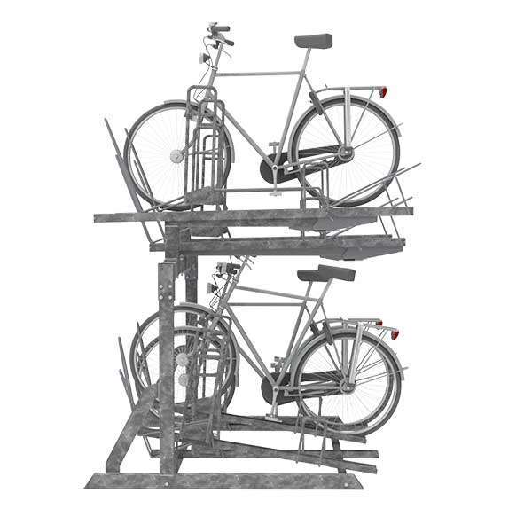 Etage-fietsenrek FalcoLevel Eco met aanbindvoorziening voor extra beveiliging, geschikt voor dubbele parkeercapaciteit op dezelfde oppervlakte.