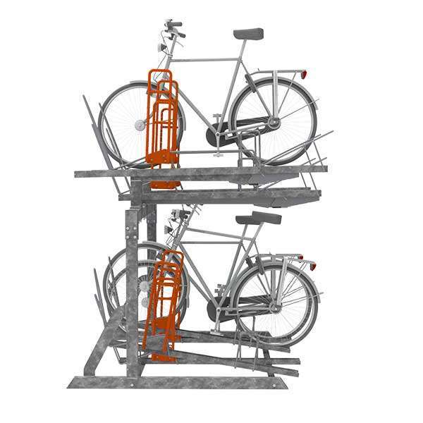 Etage-fietsenrek FalcoLevel Eco met aanbindvoorziening voor extra beveiliging, geschikt voor dubbele parkeercapaciteit op dezelfde oppervlakte.
