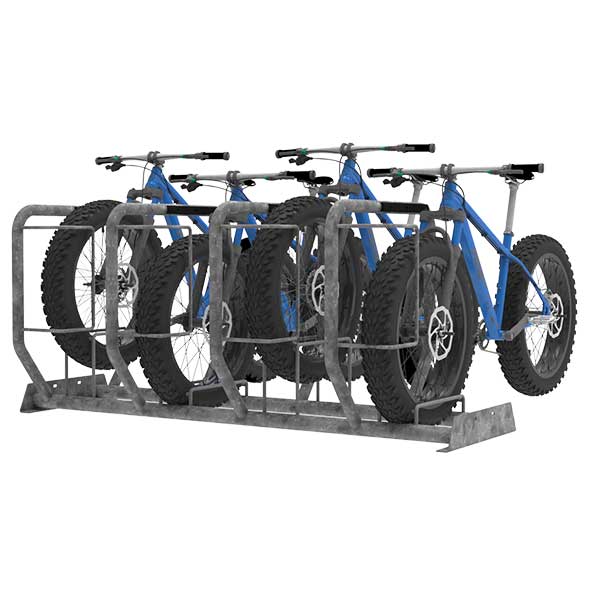 Het FalcoFida Fatbike fietsenrek, speciaal ontworpen voor fietsen met brede banden (3,5 - 5 inch), met hoog/laag-constructie en aanbindmogelijkheden in een stedelijke omgeving