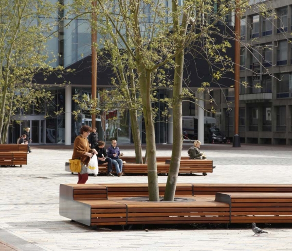 Levendig plein met zitelementen en boombescherming ineen