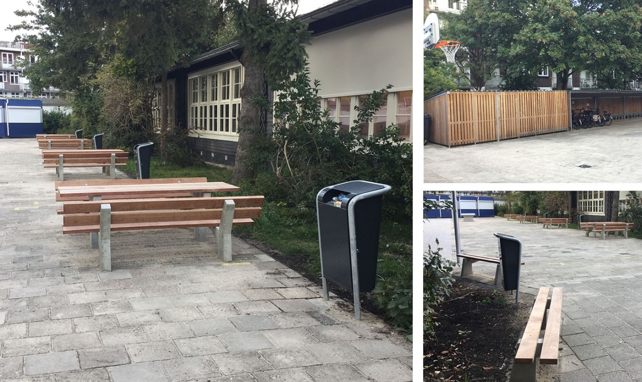 Inrichting schoolplein met Falco straatmeubilair