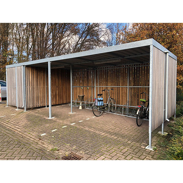 Combinatie fietsoverkapping en berging