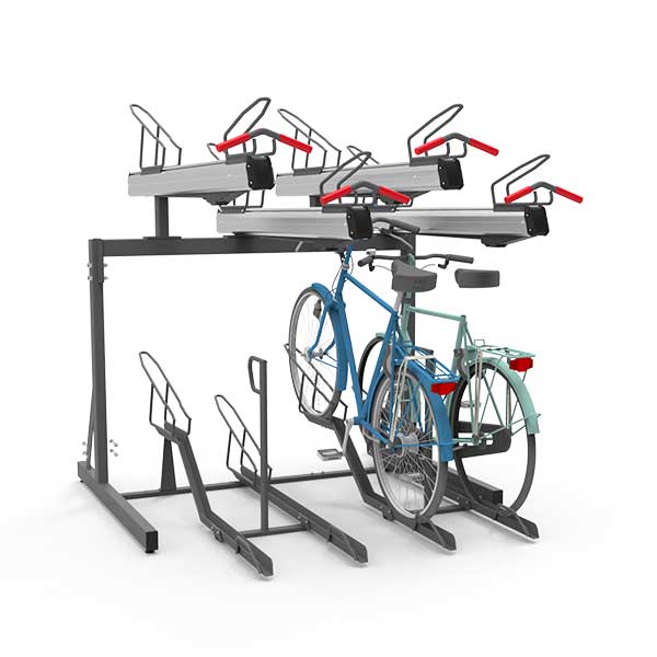 Afbeelding van het FalcoLevel Premium+ etagerek met aanbindvoorziening voor extra beveiliging en duurzaamheid in fietsenstallingen.