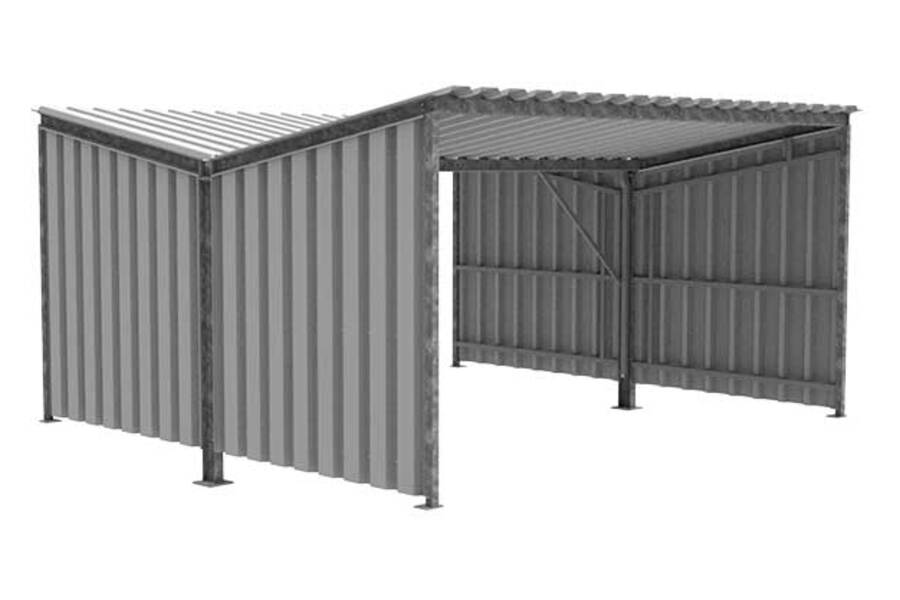 FalcoLempo dubbelzijdige overkapping zonder kolommen, ideaal voor efficiënte en duurzame fiets- en scooteropslag.