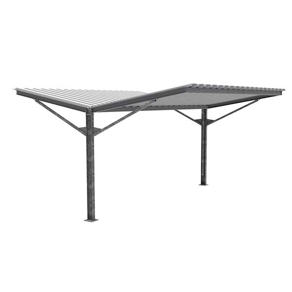 FalcoLempo dubbelzijdige overkapping zonder kolommen, ideaal voor efficiënte en duurzame fiets- en scooteropslag.