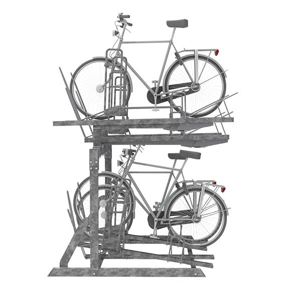 Etage-fietsenrek FalcoLevel Eco met aanbindvoorziening voor extra beveiliging, geschikt voor dubbele parkeercapaciteit op dezelfde oppervlakte.