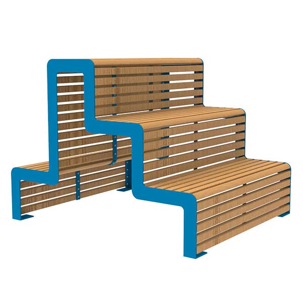 Rendering van de dubbelzijdige FalcoLinea Tribunebank, met dubbele zitplaatsen, duurzaam staal en FSC® gecertificeerd hardhout, 